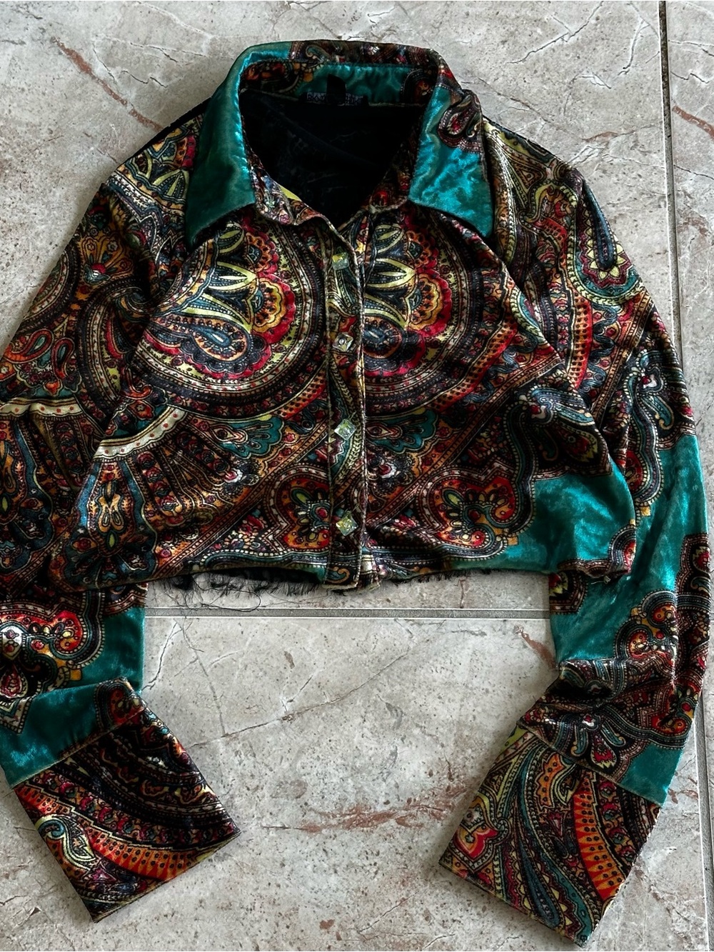 Womens Velvet Paisley Crop Jacket - Teal Multi